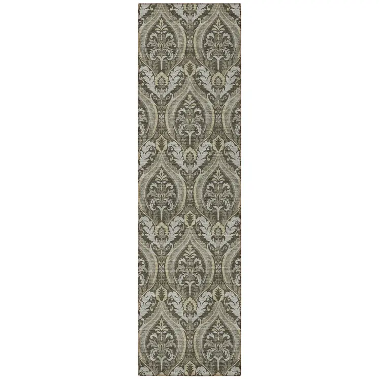 8' Taupe And Beige Damask Washable Indoor Outdoor Runner Rug
