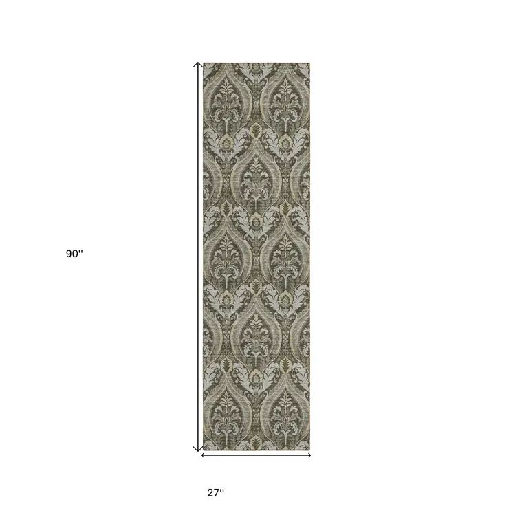 8' Taupe And Beige Damask Washable Indoor Outdoor Runner Rug