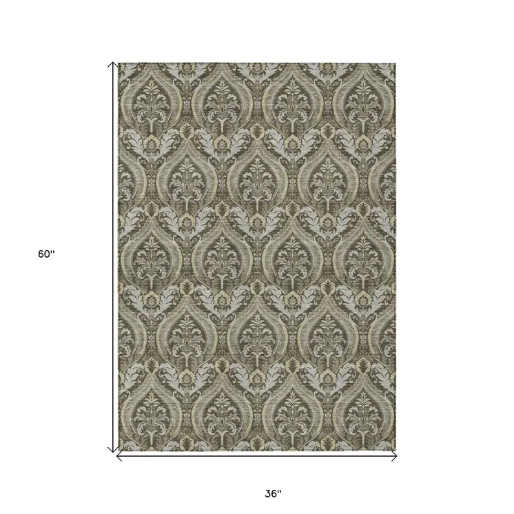 3' X 5' Taupe and Beige Damask Washable Non Skid Indoor Outdoor Area Rug