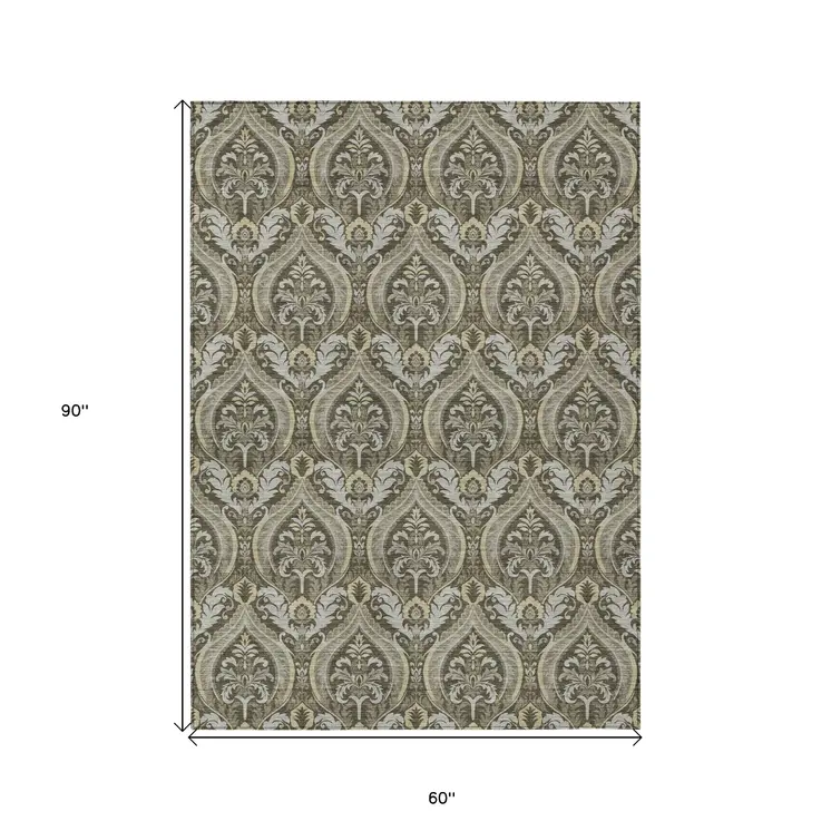 5' X 8' Taupe And Beige Damask Washable Indoor Outdoor Area Rug