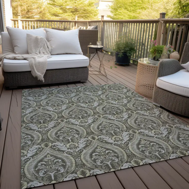 5' X 8' Taupe And Beige Damask Washable Indoor Outdoor Area Rug