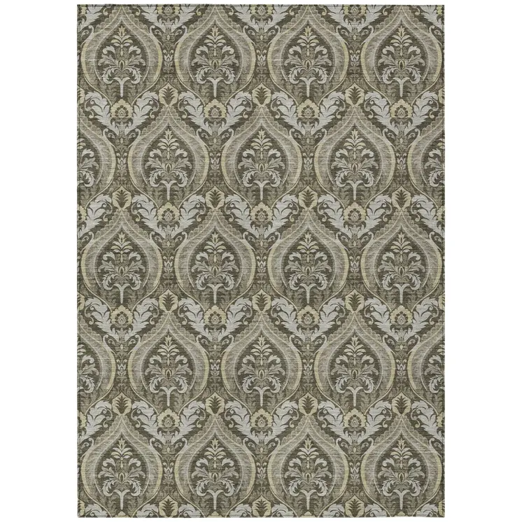 5' X 8' Taupe And Beige Damask Washable Indoor Outdoor Area Rug