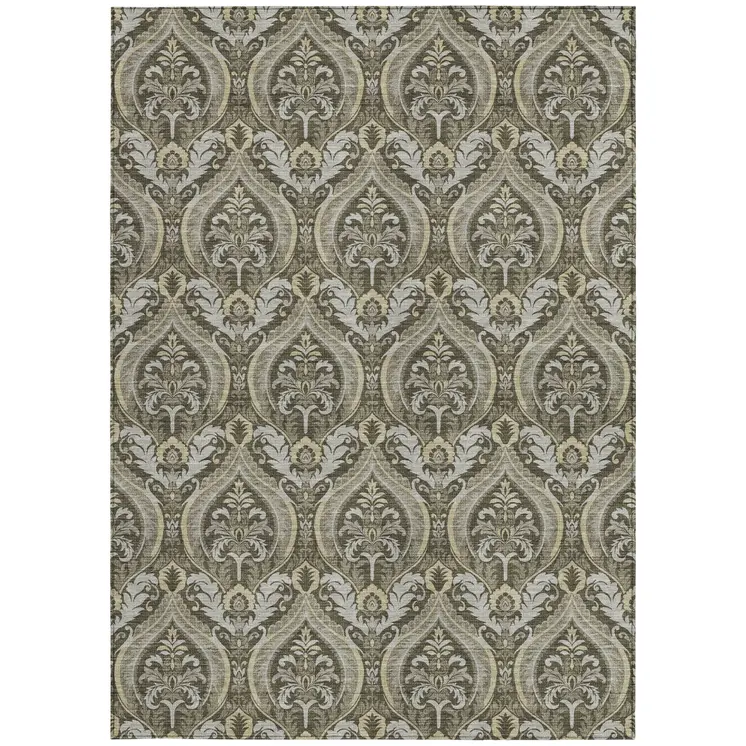 5' X 8' Taupe And Beige Damask Washable Indoor Outdoor Area Rug