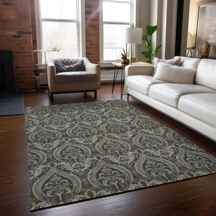 5' X 8' Taupe And Beige Damask Washable Indoor Outdoor Area Rug