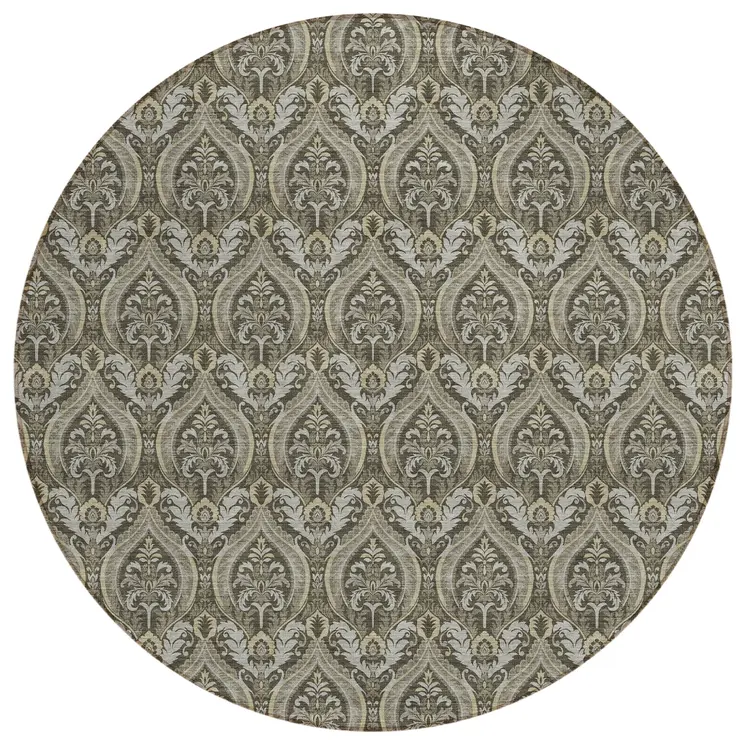 8' Round Taupe and Beige Round Damask Washable Non Skid Indoor Outdoor Area Rug
