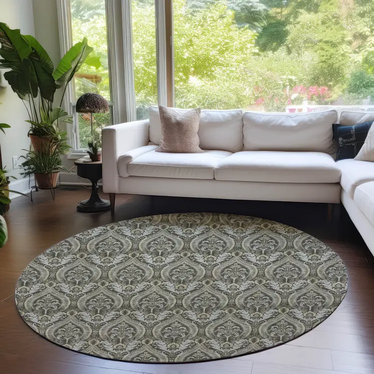 8' Round Taupe and Beige Round Damask Washable Non Skid Indoor Outdoor Area Rug