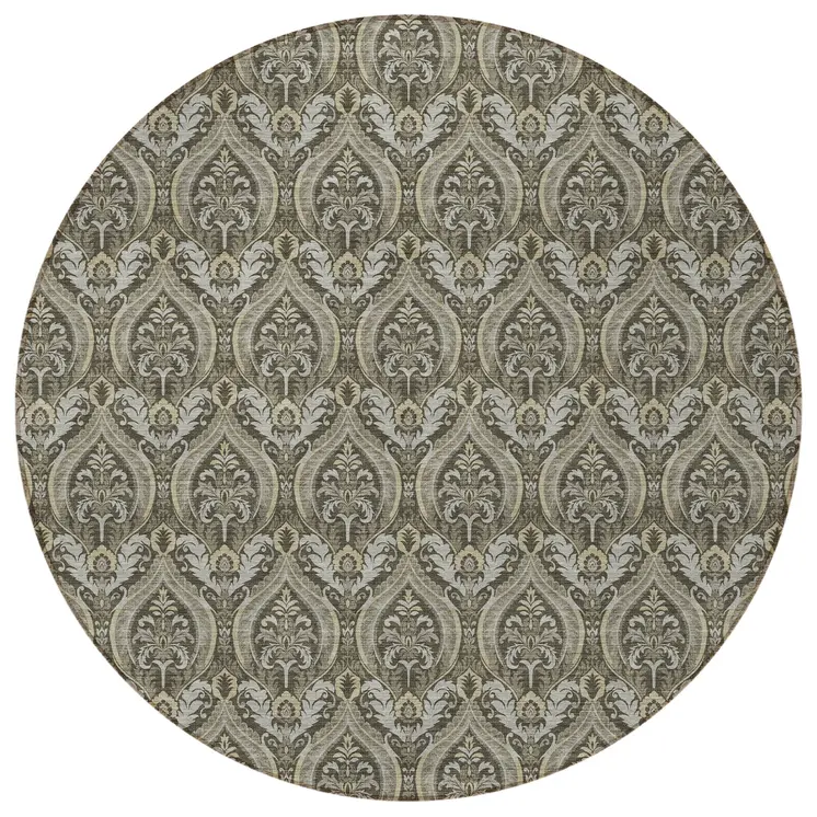 8' Round Taupe and Beige Round Damask Washable Non Skid Indoor Outdoor Area Rug