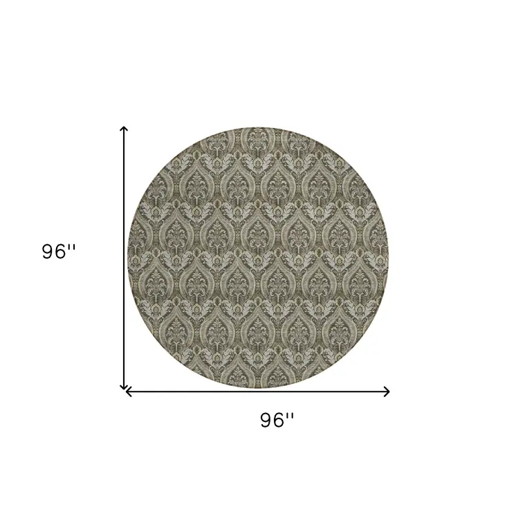 8' Round Taupe and Beige Round Damask Washable Non Skid Indoor Outdoor Area Rug