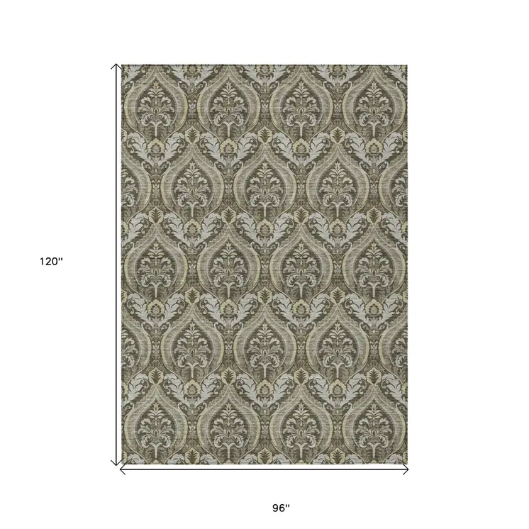 8' X 10' Taupe and Beige Damask Washable Non Skid Indoor Outdoor Area Rug