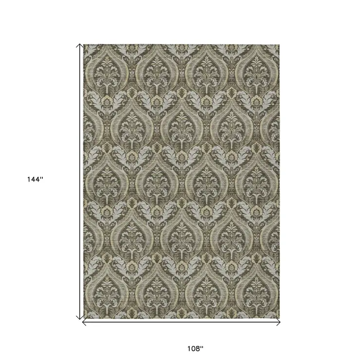 9' X 12' Taupe And Beige Damask Washable Indoor Outdoor Area Rug