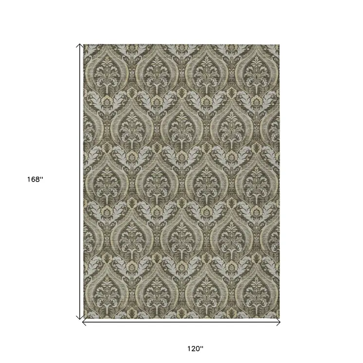 10' X 14' Taupe and Beige Damask Washable Non Skid Indoor Outdoor Area Rug