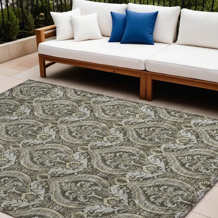 10' X 14' Taupe and Beige Damask Washable Non Skid Indoor Outdoor Area Rug