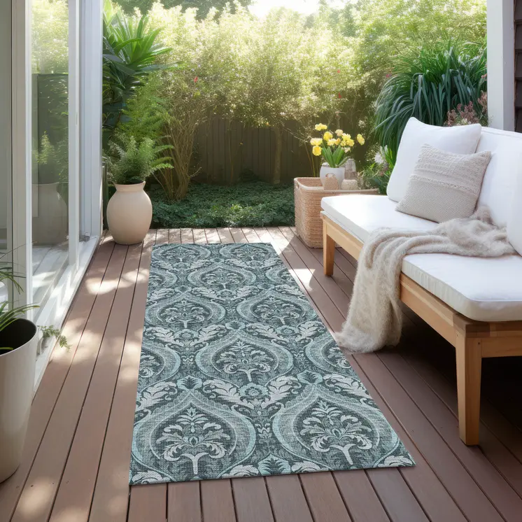 8' Runner Teal Damask Washable Non Skid Indoor Outdoor Runner Rug