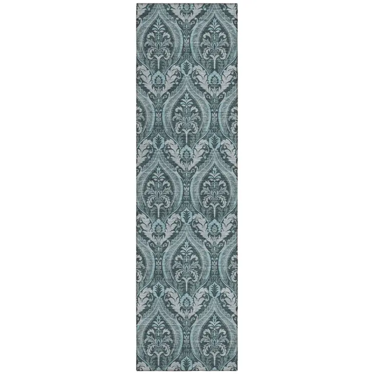 8' Runner Teal Damask Washable Non Skid Indoor Outdoor Runner Rug