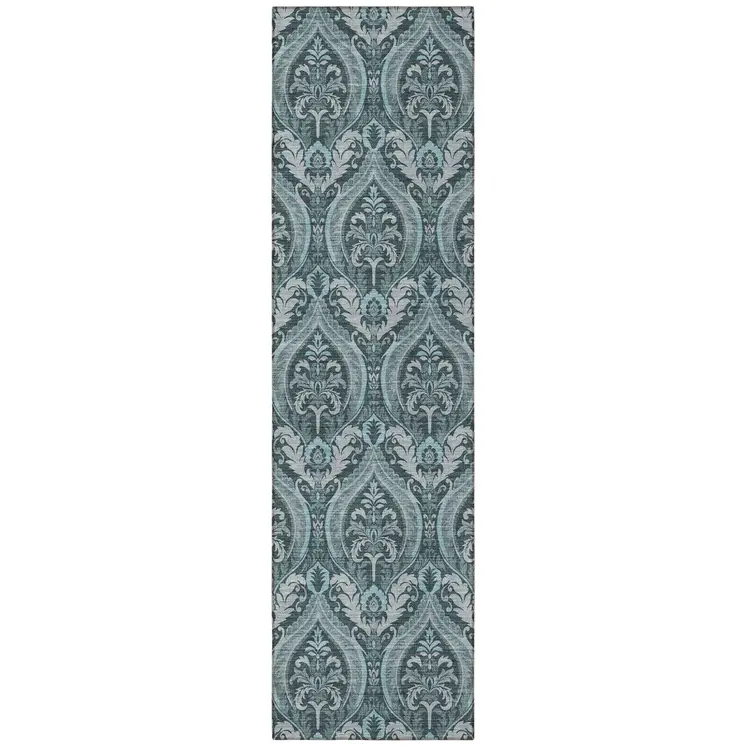 8' Runner Teal Damask Washable Non Skid Indoor Outdoor Runner Rug