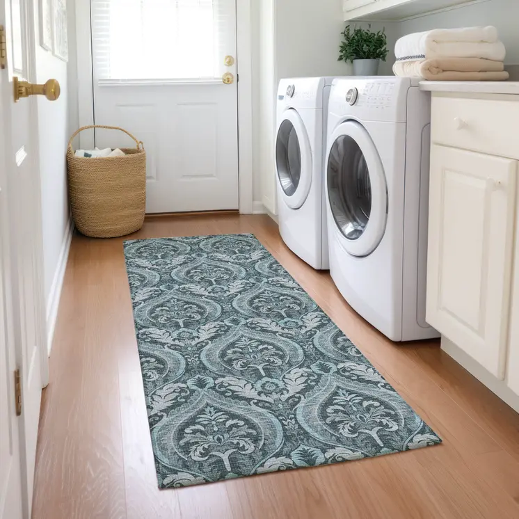 8' Runner Teal Damask Washable Non Skid Indoor Outdoor Runner Rug