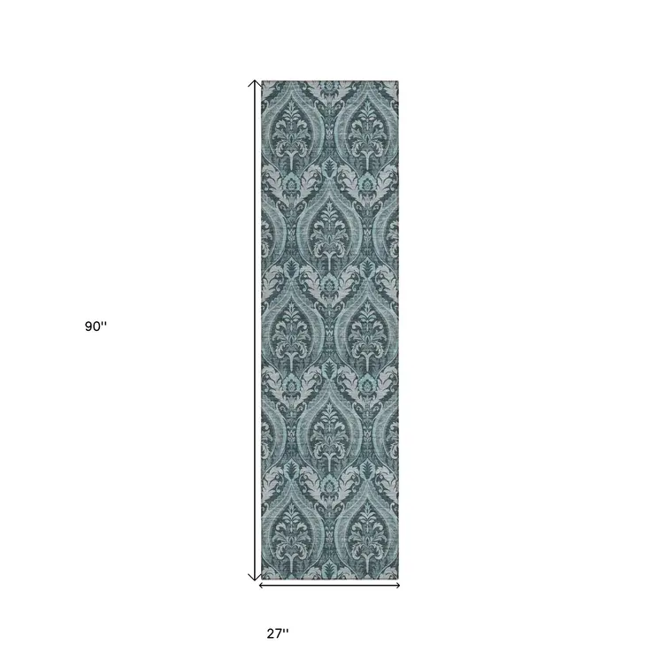 8' Runner Teal Damask Washable Non Skid Indoor Outdoor Runner Rug