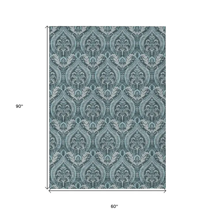 5' X 8' Teal Damask Washable Non Skid Indoor Outdoor Area Rug