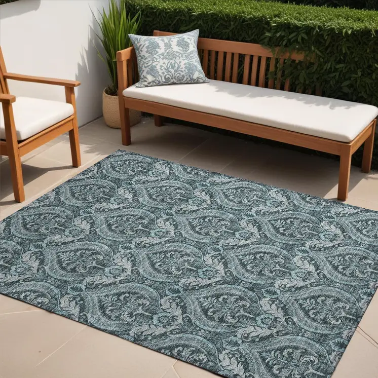 5' X 8' Teal Damask Washable Non Skid Indoor Outdoor Area Rug