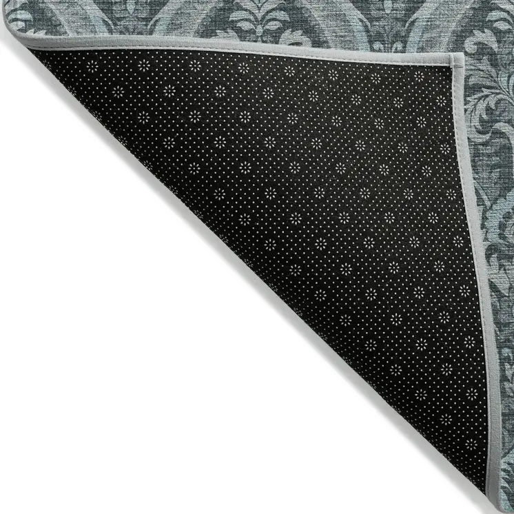 8' Round Teal Round Damask Washable Non Skid Indoor Outdoor Area Rug