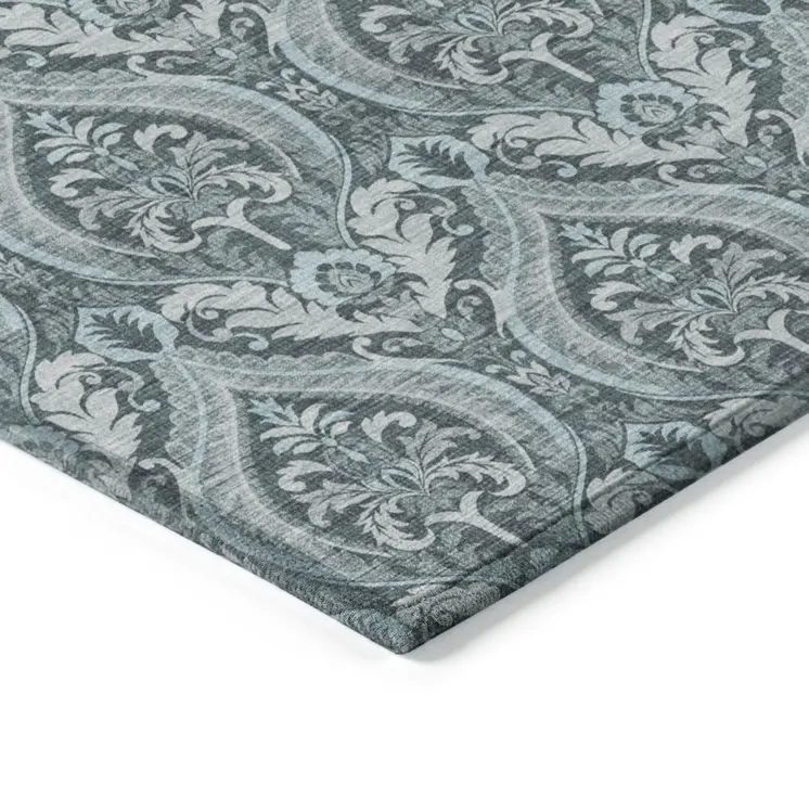 8' Round Teal Round Damask Washable Non Skid Indoor Outdoor Area Rug