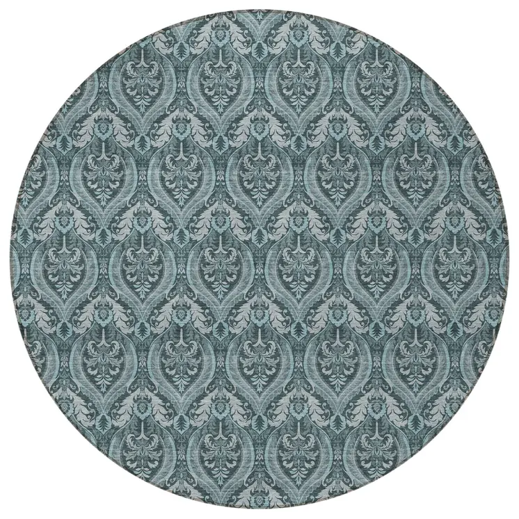 8' Round Teal Round Damask Washable Non Skid Indoor Outdoor Area Rug