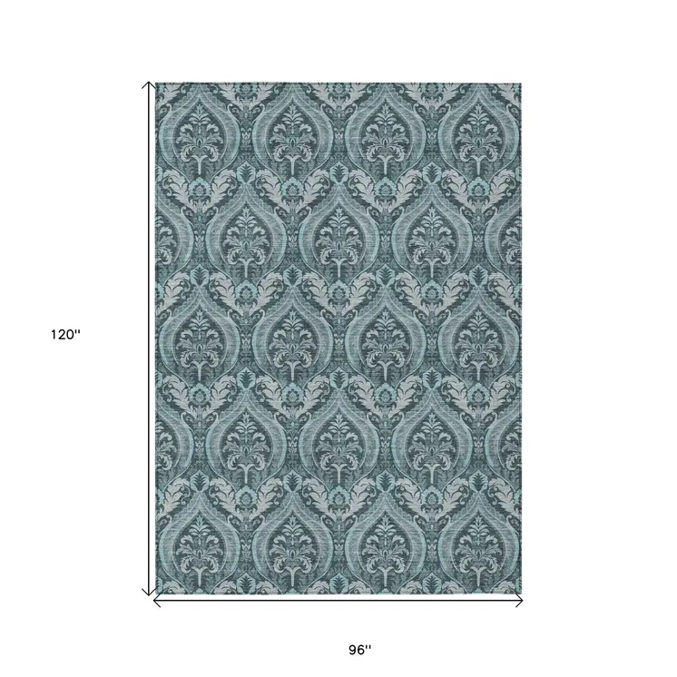 8' X 10' Teal Damask Washable Non Skid Indoor Outdoor Area Rug