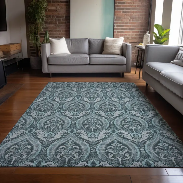 8' X 10' Teal Damask Washable Non Skid Indoor Outdoor Area Rug