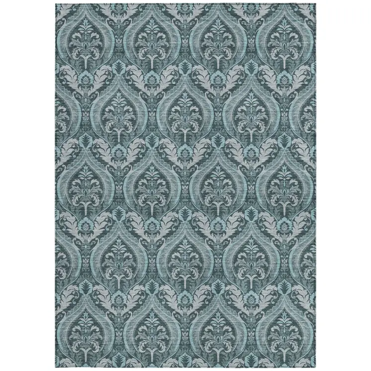 9' X 12' Teal Damask Washable Non Skid Indoor Outdoor Area Rug