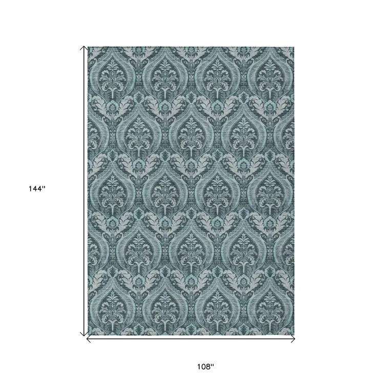 9' X 12' Teal Damask Washable Non Skid Indoor Outdoor Area Rug