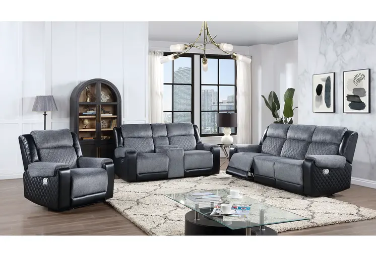 39" Black And Gray Faux Leather And Fabric Manual Recliner