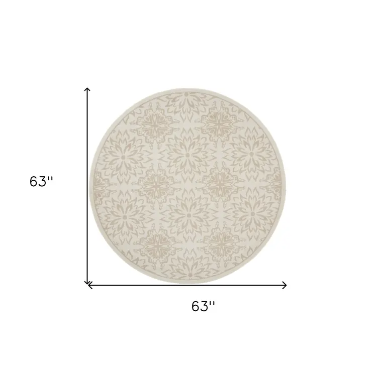 5' Beige and Ivory Floral Non Skid Round Rug