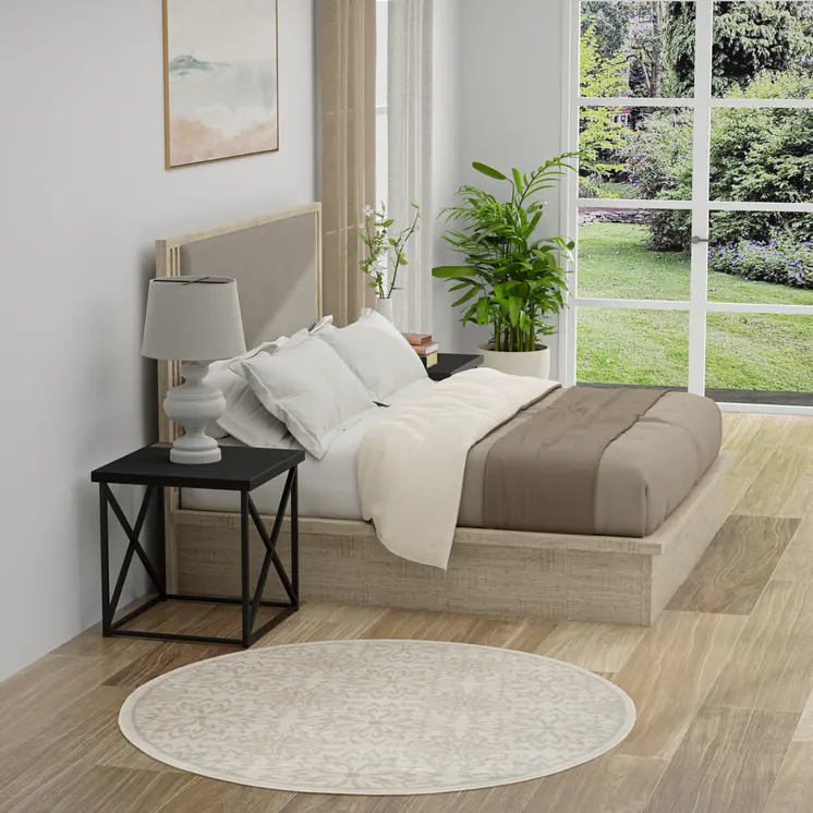 5' Beige and Ivory Floral Non Skid Round Rug