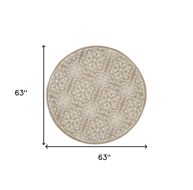 5' Taupe and Ivory Floral Non Skid Round Rug