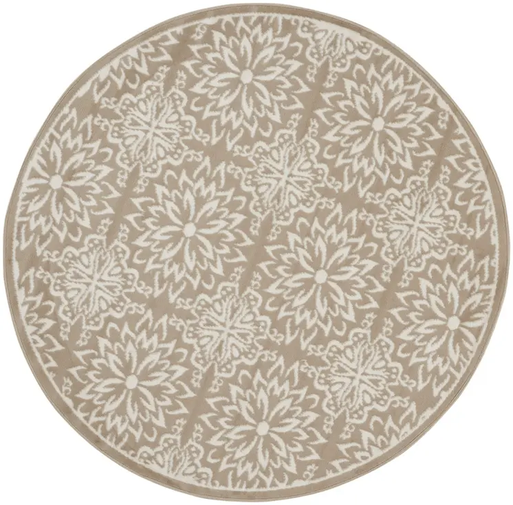 5' Taupe and Ivory Floral Non Skid Round Rug