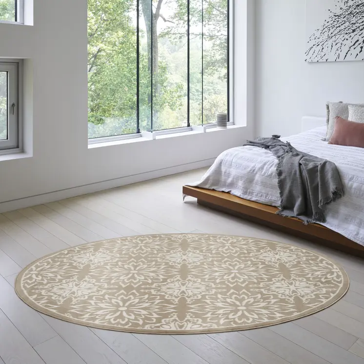 5' Taupe and Ivory Floral Non Skid Round Rug