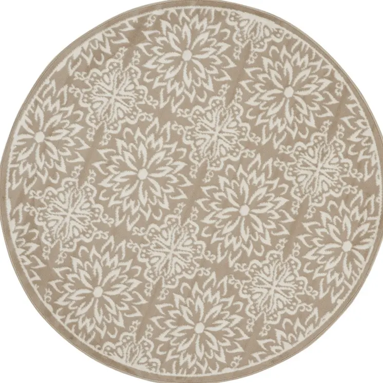 5' Taupe and Ivory Floral Non Skid Round Rug