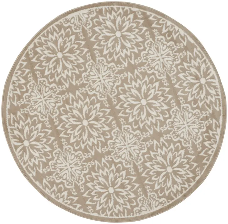 5' Taupe and Ivory Floral Non Skid Round Rug