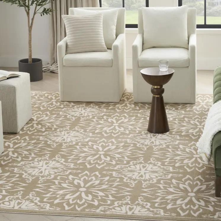4' X 6' Taupe and Ivory Floral Non Skid Area Rug
