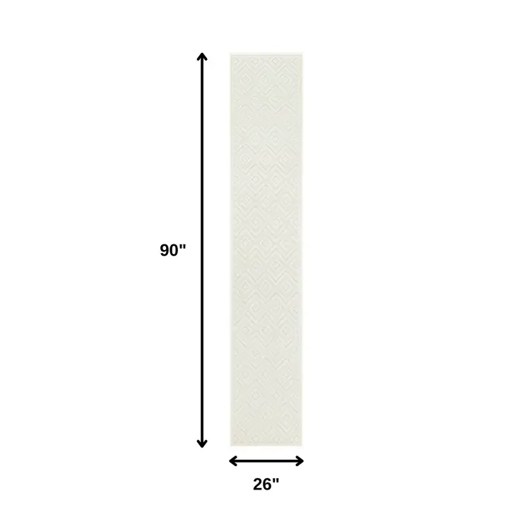 8' Ivory And White Geometric Indoor Outdoor Runner Rug