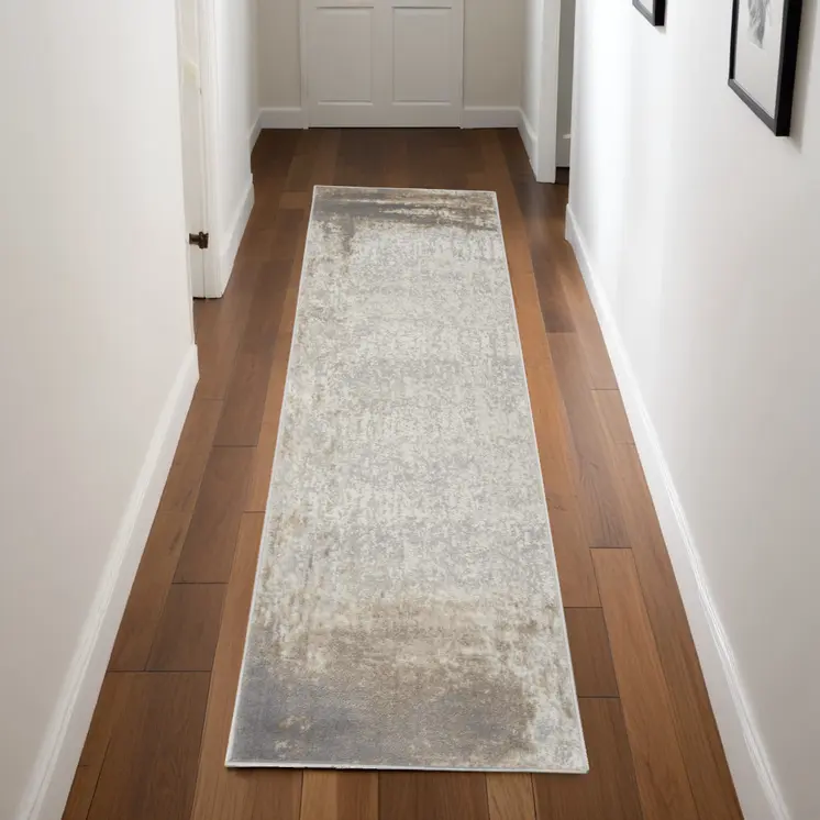 8' Gray and Ivory Abstract Non Skid Runner Rug