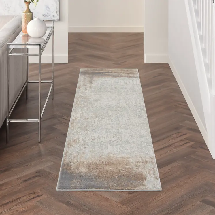 8' Gray and Ivory Abstract Non Skid Runner Rug