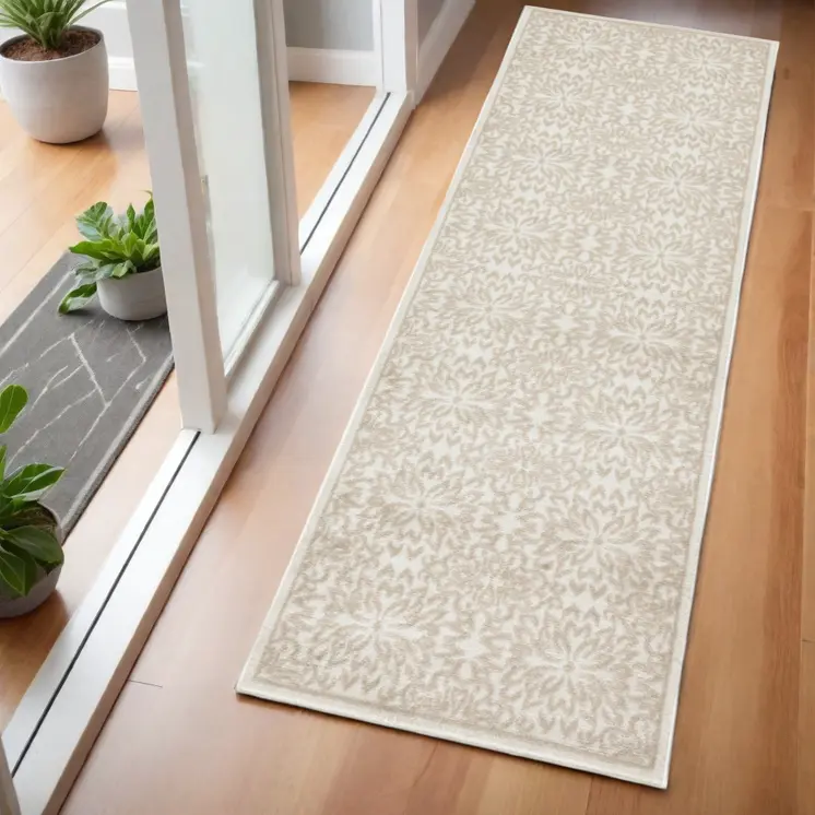 6' Beige and Ivory Floral Non Skid Runner Rug