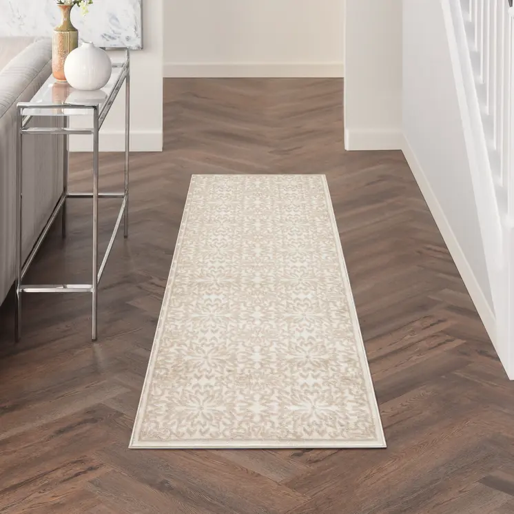 6' Beige and Ivory Floral Non Skid Runner Rug