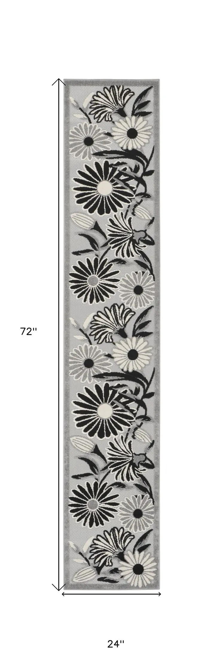 6' Black And White Floral Indoor Outdoor Runner Rug