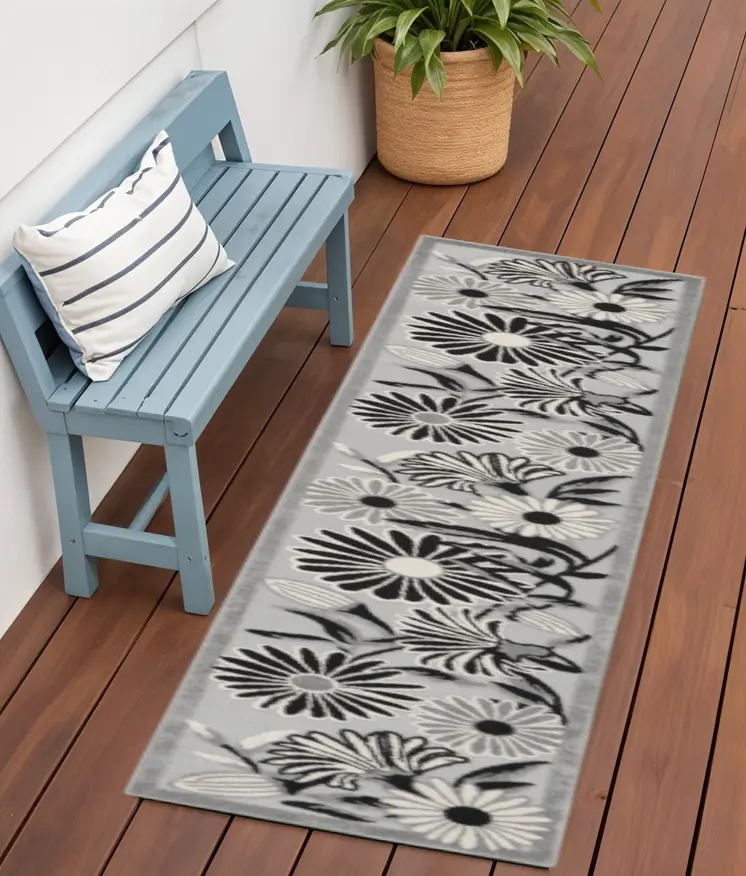 6' Black And White Floral Indoor Outdoor Runner Rug