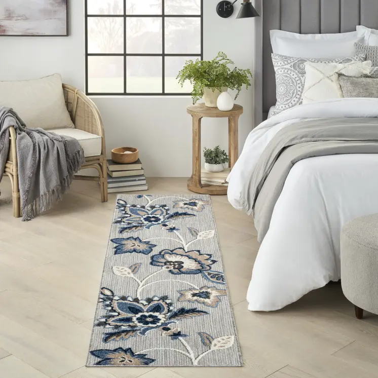 6' Blue And Gray Floral Indoor Outdoor Runner Rug