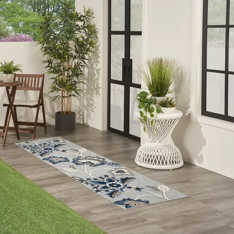 6' Blue And Gray Floral Indoor Outdoor Runner Rug