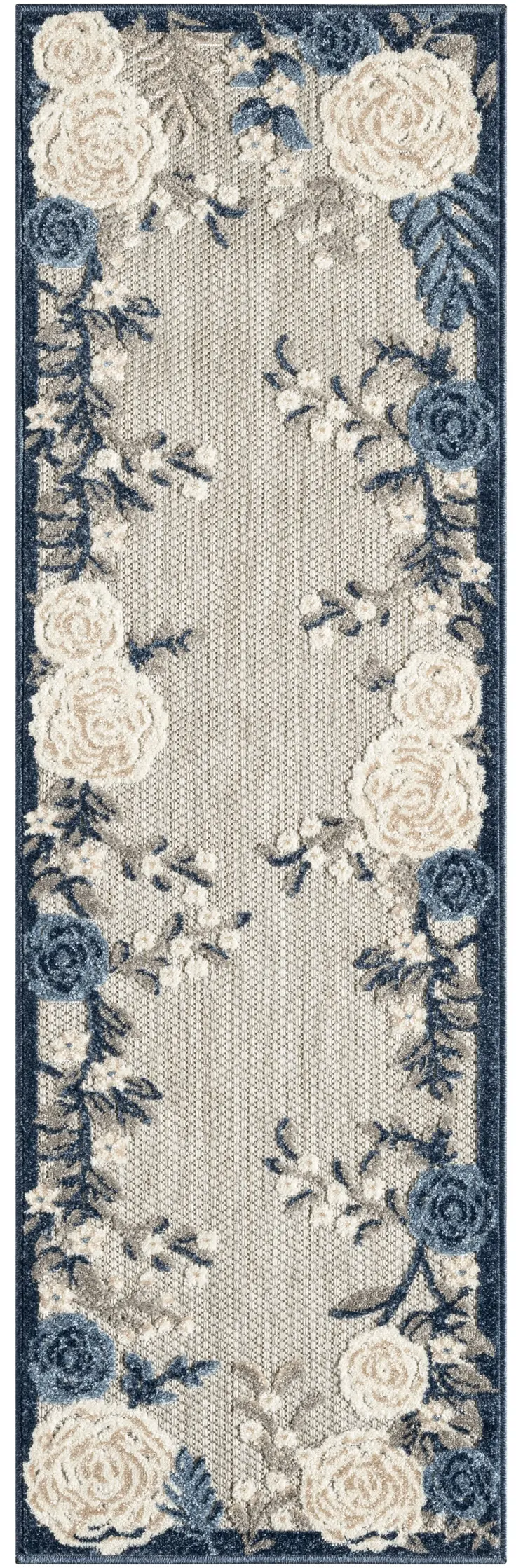 6' Blue And Gray Floral Indoor Outdoor Runner Rug
