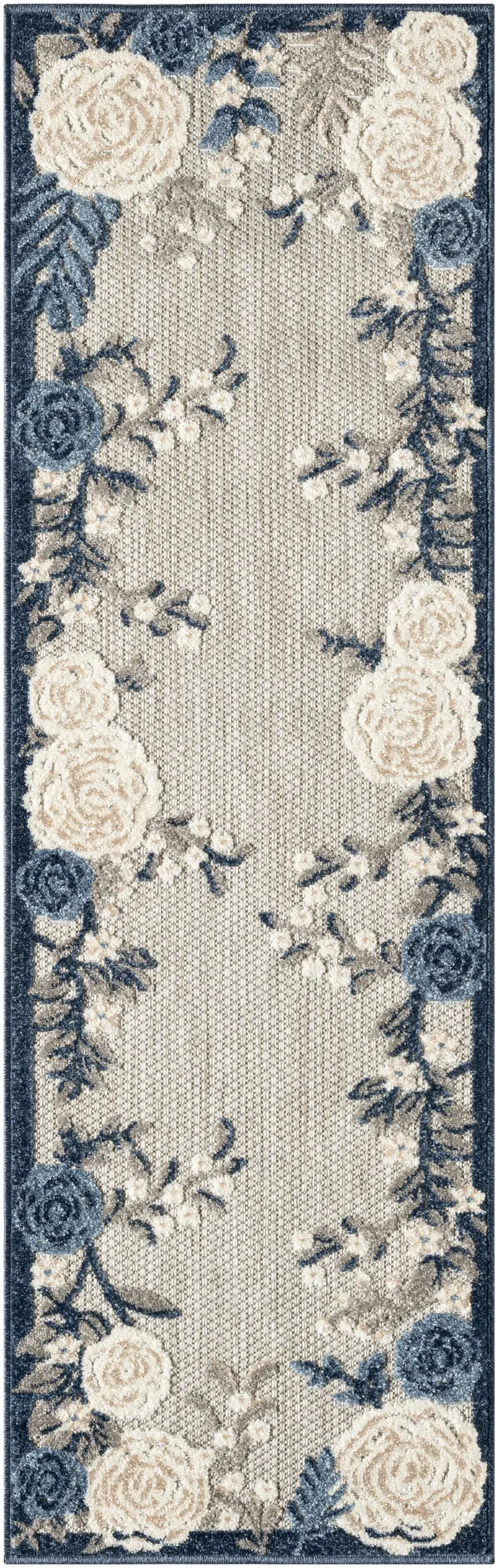 6' Blue And Gray Floral Indoor Outdoor Runner Rug